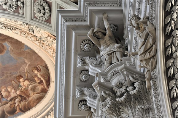 St Stephen's Cathedral, Passau, close-up of an ornate baroque ceiling fresco with stucco angels, St Stephen's Cathedral, Passau, Bavaria, Germany, Europe