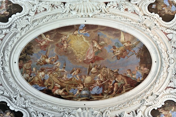 St Stephen's Cathedral, Passau, Masterful ceiling painting of a dramatic religious scene surrounded by angels, St Stephen's Cathedral, Passau, Bavaria, Germany, Europe
