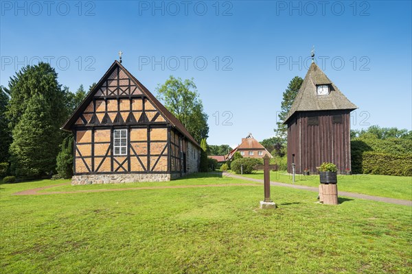 Half-timbered church and free-standing bell tower, Undeloh, Lueneburg Heath, Lower Saxony, Germany, Europe