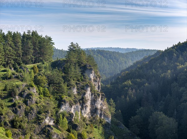 View of the Puettlach valley with rocks and forests near Pottensteind, Franconian Switzerland, Franconian Alb, Upper Franconia, Franconia, Bavaria