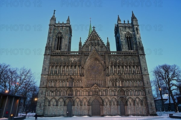 Front view of the historic cathedral on a winter evening, Nidaros Domkirke, Trondheim, Norway, Europe