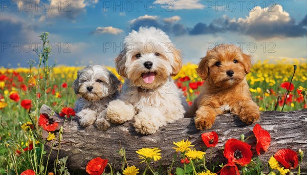 KI generated, animal, animals, mammal, mammals, Maltipoo (Canis lupus familiaris), dog, dogs, bitch, cross between poodle and Maltese, dwarf poodle, small poodle, flower meadow, tree trunk, one bitch and two puppies