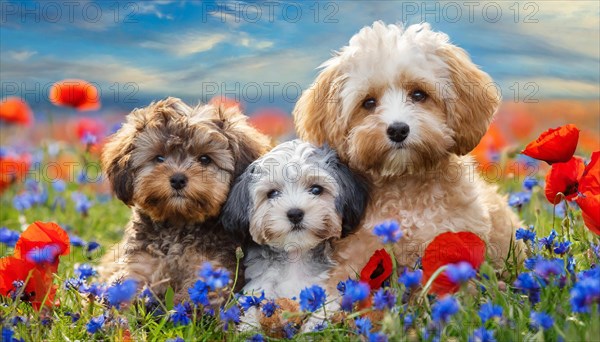 KI generated, animal, animals, mammal, mammals, Maltipoo (Canis lupus familiaris), dog, dogs, bitch, cross between poodle and Maltese, dwarf poodle, small poodle, flower meadow, bitch and two puppies