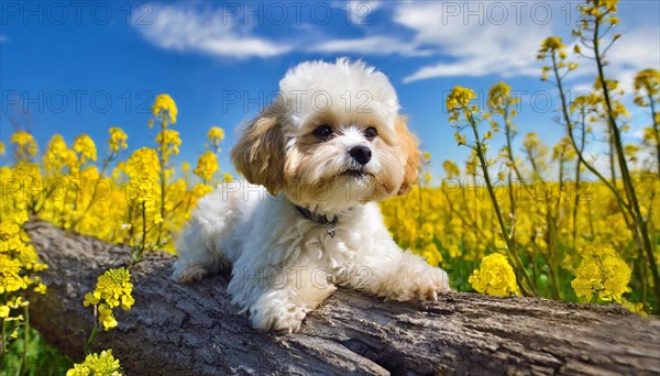 KI generated, animal, animals, mammal, mammals, Maltipoo (Canis lupus familiaris), dog, dogs, bitch, cross between poodle and Maltese, dwarf poodle, small poodle, flower meadow, tree trunk, small puppy lying on tree trunk in front of rape field