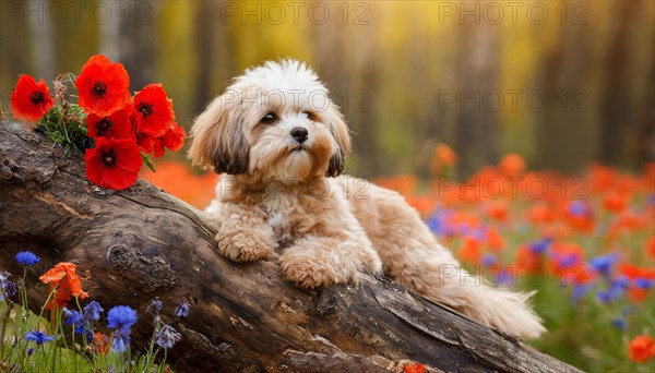 KI generated, animal, animals, mammal, mammals, Maltipoo (Canis lupus familiaris), dog, dogs, bitch, cross between poodle and Maltese, dwarf poodle, small poodle, flower meadow, tree trunk, small puppy lying on tree trunk, flowers