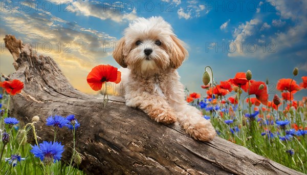 KI generated, animal, animals, mammal, mammals, Maltipoo (Canis lupus familiaris), dog, dogs, bitch, cross between poodle and Maltese, dwarf poodle, small poodle, flower meadow, tree trunk, small puppy lying on tree trunk, flowers