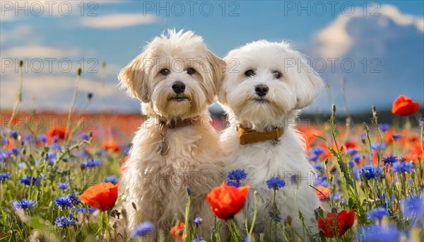 KI generated, animal, animals, mammal, mammals, Maltipoo (Canis lupus familiaris), dog, dogs, bitch, cross between poodle and Maltese, dwarf poodle, small poodle, flower meadow, two, pair, cream, white, cornflowers, poppies