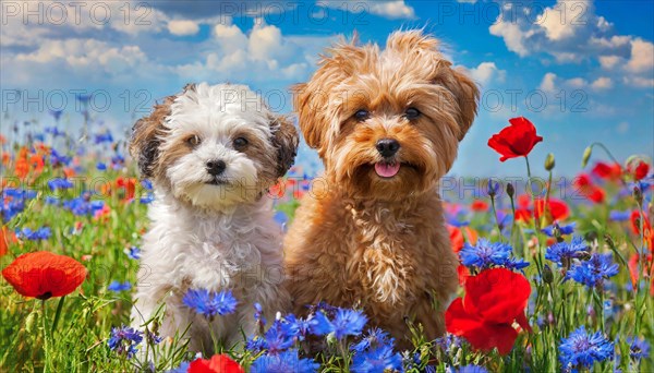 KI generated, animal, animals, mammal, mammals, Maltipoo (Canis lupus familiaris), dog, dogs, bitch, cross between poodle and Maltese, dwarf poodle, small poodle, flower meadow, two, bitch with puppy