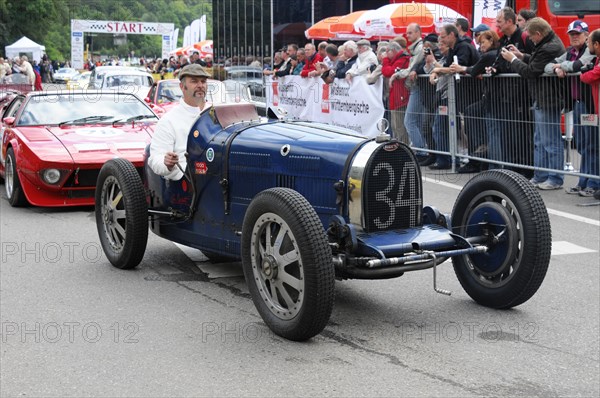 A historic blauer racing car at the starting line with driver in helmet, SOLITUDE REVIVAL 2011, Stuttgart, Baden-Wuerttemberg, Germany, Europe