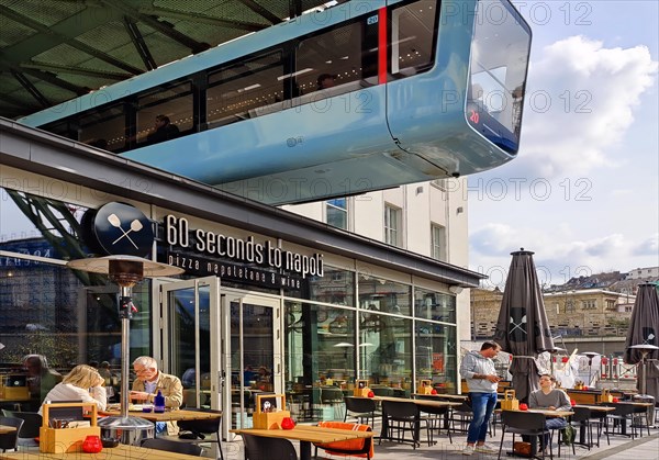 Suspension railway above the outdoor restaurant at the main railway station, Wuppertal, Bergisches Land, North Rhine-Westphalia, Germany, Europe