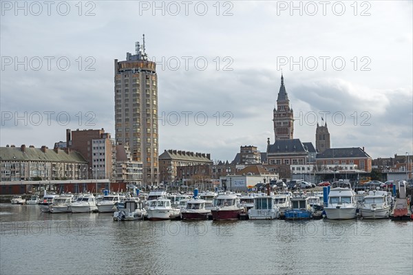 Boats, marina, skyscraper, houses, tower of the Hotel de Ville, town hall, belfry, Dunkirk, France, Europe