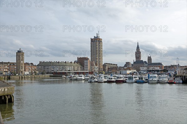 Boats, marina, skyscraper, houses, Tour du Leughenaer, Liar's Tower, Hotel de Ville tower, town hall, Belfry, Dunkirk, France, Europe