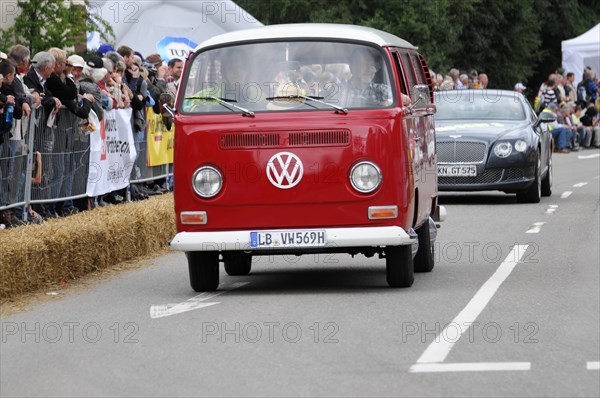 Front view of a red VW bus on a street at an event, SOLITUDE REVIVAL 2011, Stuttgart, Baden-Wuerttemberg, Germany, Europe