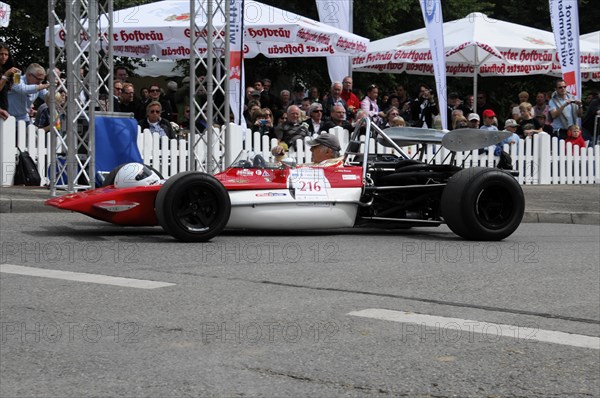 A formula racing car on a street race track with spectators in the background, SOLITUDE REVIVAL 2011, Stuttgart, Baden-Wuerttemberg, Germany, Europe