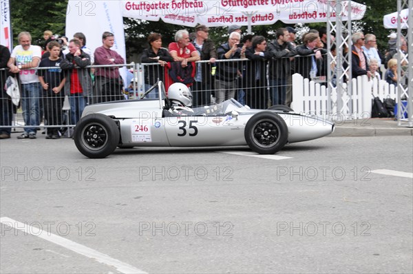 A white formula racing car with the number 35 in front of spectators in the racing area, SOLITUDE REVIVAL 2011, Stuttgart, Baden-Wuerttemberg, Germany, Europe