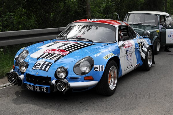 Alpine-Renault A110 1800, built in 1973, A classic blue rally car with red and white stripes and sponsor logos drives on a road, SOLITUDE REVIVAL 2011, Stuttgart, Baden-Wuerttemberg, Germany, Europe