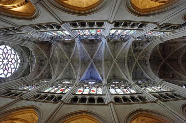 Church of Saint-Vincent-de-Paul, view upwards into the vault of a church with stained glass windows and Gothic elements, Marseille, Departement Bouches-du-Rhone, Provence-Alpes-Cote d'Azur region, France, Europe