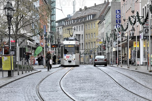 Wuerzburg, tram on rails crosses a city-forming scene in Wuerzburg, Wuerzburg, Lower Franconia, Bavaria, Germany, Europe