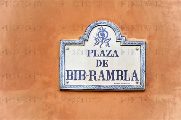 Granada, A white and blue street sign of the Plaza de Bib-Rambla with arabesque decorations, Granada, Andalusia, Spain, Europe
