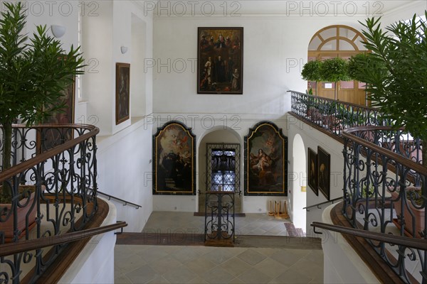 Interior view, staircase, Benedictine monastery Rajhrad, Loucka, Rajhrad, Jihomoravsky kraj, Czech Republic, Europe