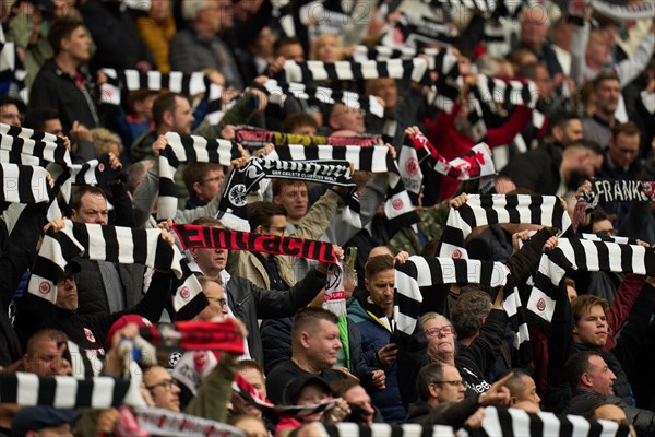 Bundesliga Eintracht Frankfurt-Union Berlin at Deutsche Bank Park in Frankfurt. Frankfurt fans show their scarves. Frankfurt, Hesse, Germany, Europe