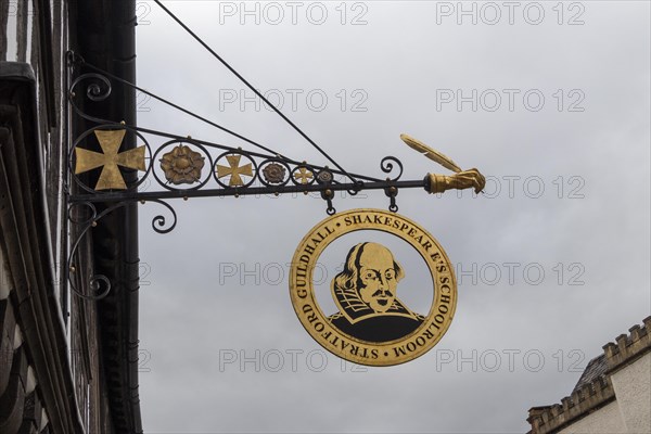 Signboard, William Shakespeare's classroom and town hall, Stratford upon Avon, England, Great Britain