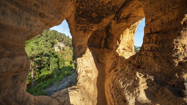 Cave at Klusfelsen in the Klusberge mountains, prehistoric place of worship, later Christian hermitage and cave dwelling, sandstone rock with natural and artificial caves in the Harz Mountains, Halberstadt, Saxony-Anhalt, Germany, Europe