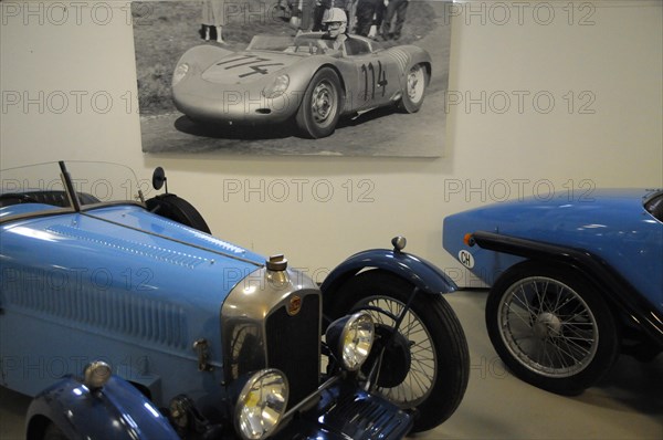 Deutsches Automuseum Langenburg, A historical black and white photo of a racing car on a race track, Deutsches Automuseum Langenburg, Langenburg, Baden-Wuerttemberg, Germany, Europe