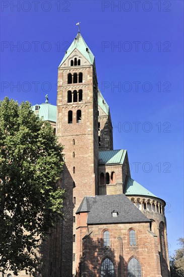 Speyer Cathedral, historic cathedral with a large tower and a blue roof, Speyer Cathedral, Unesco World Heritage Site, foundation stone laid around 1030, Speyer, Rhineland-Palatinate, Germany, Europe