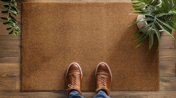 Blank welcome mat and pair of feet at front door of house. generative AI, AI generated