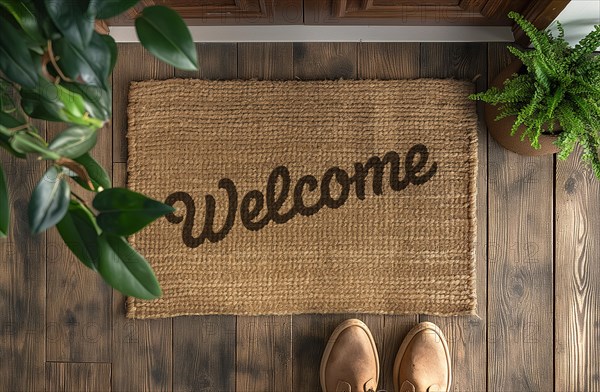 Welcome mat at front door of house. generative AI, AI generated