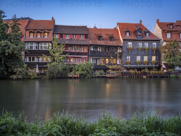 Row of houses Little Venice on the banks of the Pegnitz at dusk, Bamberg, Upper Franconia, Bavaria, Germany, Europe