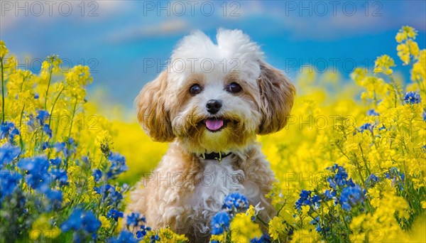 KI generated, animal, animals, mammal, mammals, Maltipoo (Canis lupus familiaris), dog, dogs, bitch, cross between poodle and Maltese, dwarf poodle, small poodle, flower meadow, puppy, cream, white