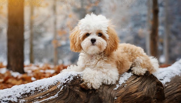 KI generated, animal, animals, mammal, mammals, Maltipoo (Canis lupus familiaris), dog, dogs, bitch, cross between poodle and Maltese, dwarf poodle, small poodle, flower meadow, tree trunk, autumn, onset of winter, puppy