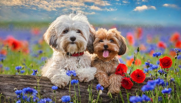 KI generated, animal, animals, mammal, mammals, Maltipoo (Canis lupus familiaris), dog, dogs, bitch, cross between poodle and Maltese, dwarf poodle, small poodle, flower meadow, two, bitch with puppy