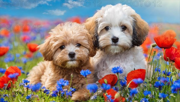 KI generated, animal, animals, mammal, mammals, Maltipoo (Canis lupus familiaris), dog, dogs, bitch, cross between poodle and Maltese, dwarf poodle, small poodle, flower meadow, two, bitch with puppy