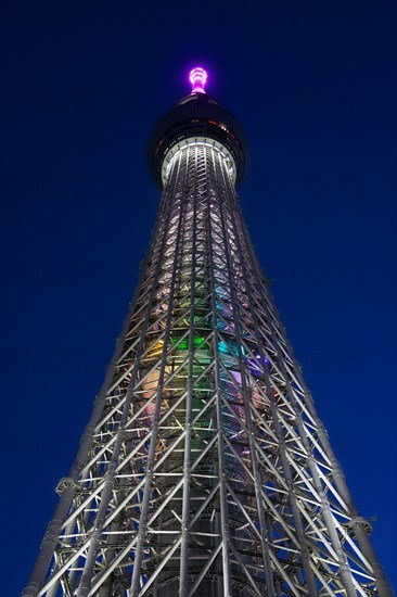 634 meters high Tokyo Skytree, broadcasting and observation tower in Sumida illuminated at night in the city Tokyo, Japan, Asia