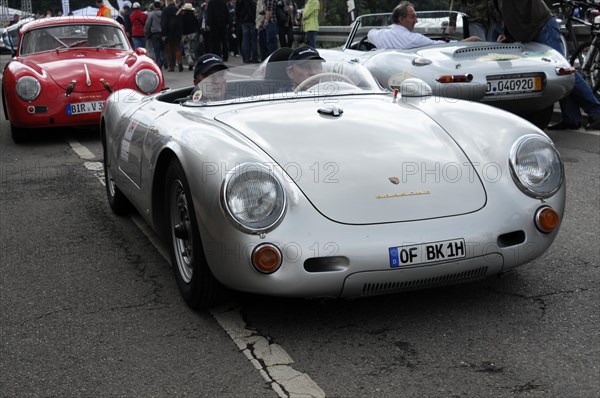 White racing car in classic design on a road with spectators around it, SOLITUDE REVIVAL 2011, Stuttgart, Baden-Wuerttemberg, Germany, Europe
