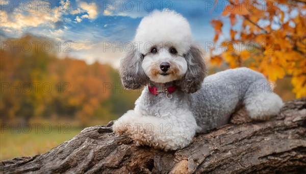 KI generated, animals, mammals, dog, domestic dogs (Canis lupus familiaris), white-silver, autumn