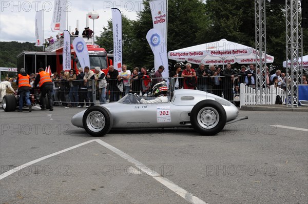 Silver historic racing car on a race track with spectators on the sidelines, SOLITUDE REVIVAL 2011, Stuttgart, Baden-Wuerttemberg, Germany, Europe