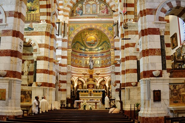 Church of Notre-Dame de la Garde, Marseille, Interior of a church with a view of the altar and the decorated ceiling, Marseille, Departement Bouches du Rhone, Region Provence Alpes Cote d'Azur, France, Europe