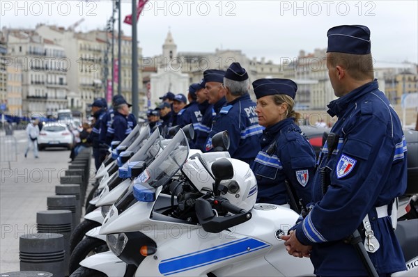 Marseille city hall, motorbike police stand next to their motorbikes and watch over security, Marseille, Departement Bouches-du-Rhone, Region Provence-Alpes-Cote d'Azur, France, Europe