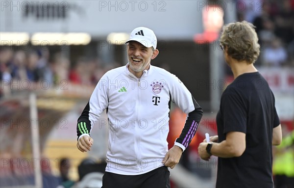 Coach Thomas Tuchel FC Bayern Muenchen FCB with press officer Dieter Nickles, Adidas, Deutsche Telekom, logo, smiles, Voith-Arena, Heidenheim, Baden-Wuerttemberg, Germany, Europe