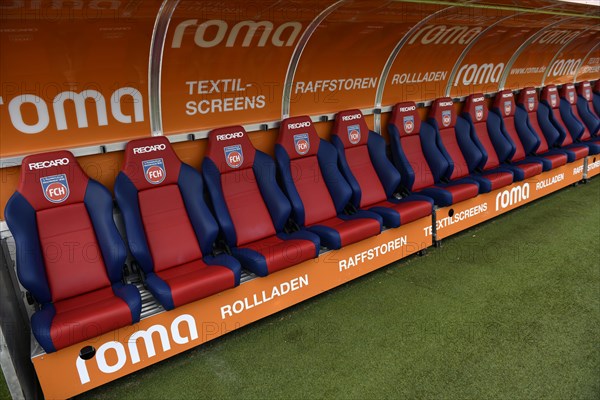Substitute bench, trainer bench, ROMA logo, Voith Arena, Heidenheim, Baden-Wuerttemberg, Germany, Europe