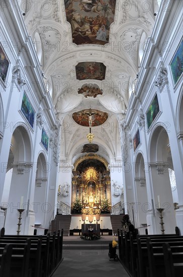 Wuerzburg, The collegiate monastery Neumuenster, diocese of Wuerzburg, interior view of a baroque church with magnificent altar and decorated vaulted ceiling, Wuerzburg, Lower Franconia, Bavaria, Germany, Europe