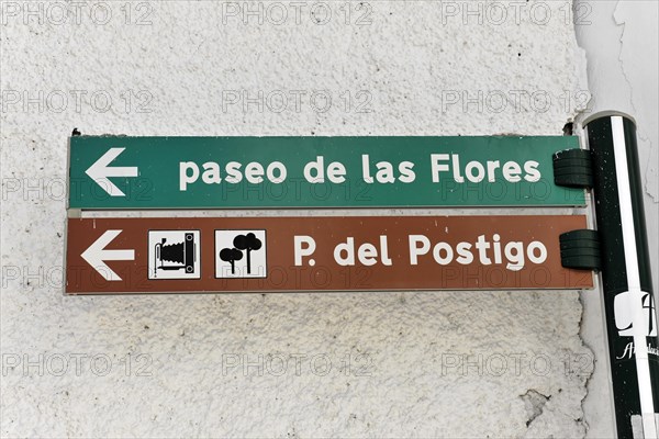 Two green signposts point the way to 'Paseo de las Flores' and 'P. del Postigo', Andalusia, Spain, Europe