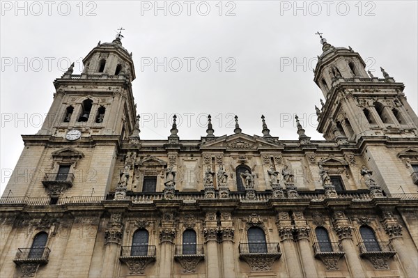 Jaen, Catedral de Jaen, Cathedral of Jaen from the 13th century, Renaissance art epoch, Jaen, Facade of a baroque church with two towers and detailed decorations, Jaen, Baeza, Ubeda, Andalusia, Spain, Europe