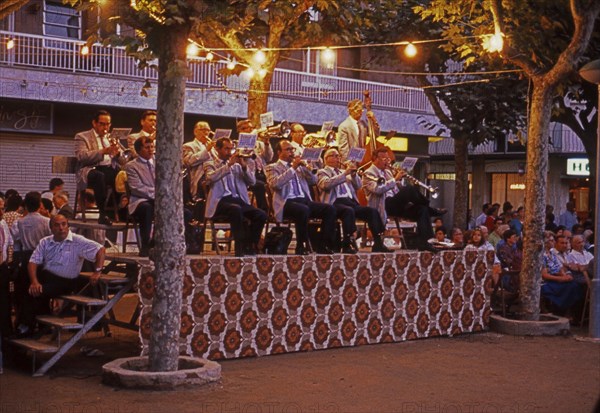 Cobla, a traditional Catalan music band celebrating Catalonia's national day on September 11. Calella, Catalonia, Costa Brava, Barcelona, Spain. Scanned thumbnail slide