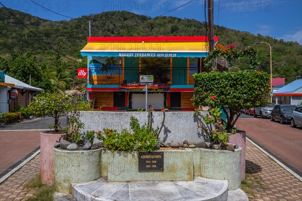 Deshaies, historic Caribbean wooden building of a street in Guadeloupe, Caribbean, French Antilles