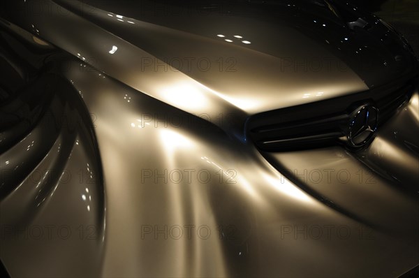 Close-up of a futuristic Mercedes-Benz vehicle with focussed design elements, Mercedes-Benz Museum, Stuttgart, Baden-Wuerttemberg, Germany, Europe